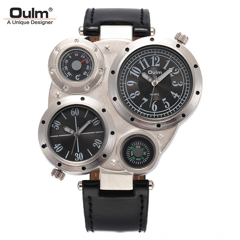 Oulm Dual Time Zone Men'S Belt Watch, Large Dial Compass Quartz Watch