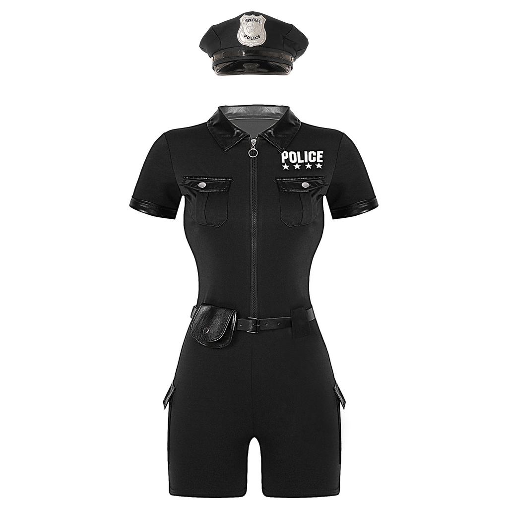 S-4XL 4Pcs Women Cop Outfits Policewoman Role Play Costume - Zipper Short Sleeve Jumpsuit with Belt, Purse, Hat Lingerie Uniform