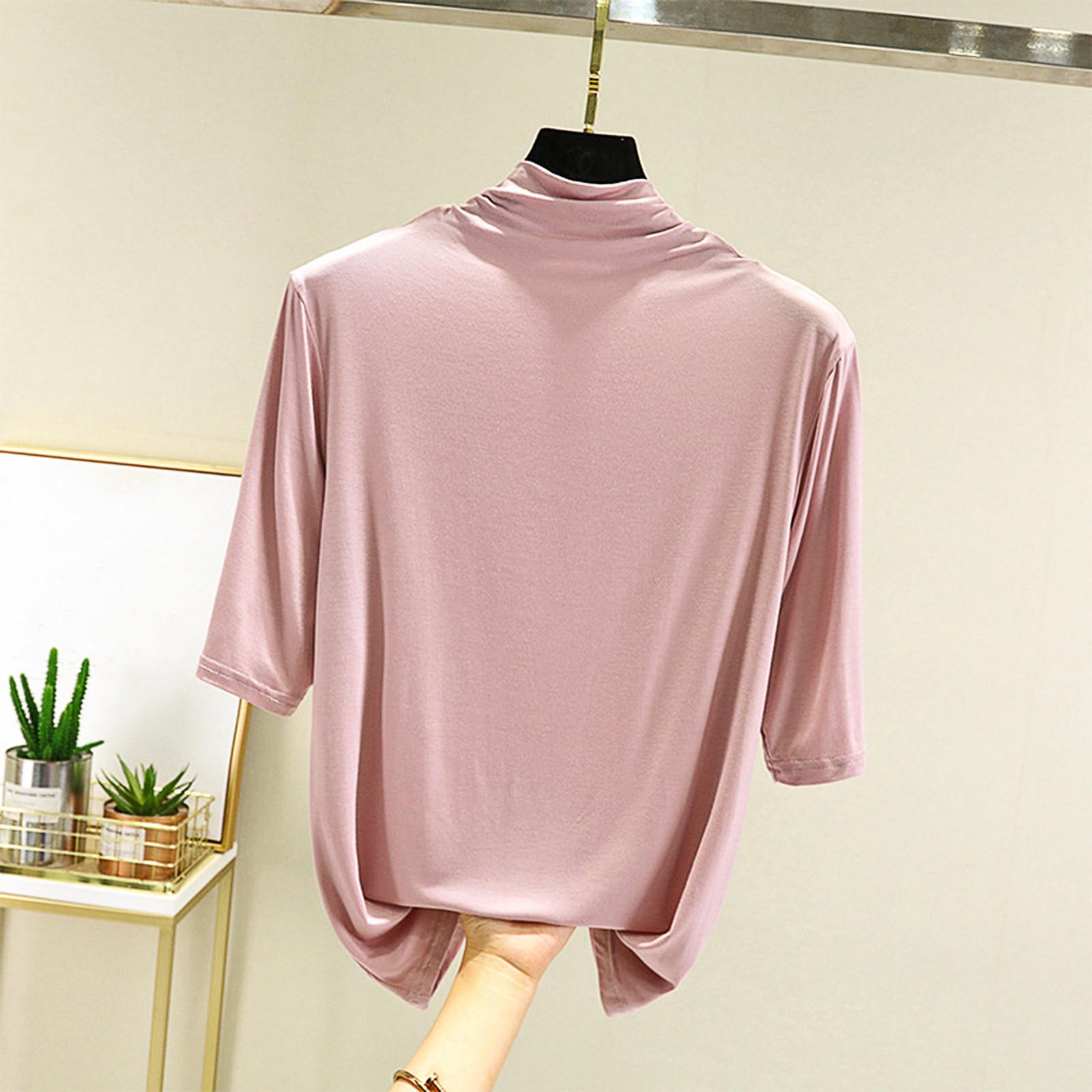 

Женская свободная повседневная футболка с короткими рукавами, женская тонкая модель, полувысокий воротник, внутренний слой, базовая рубашка, пижама XXL розовый