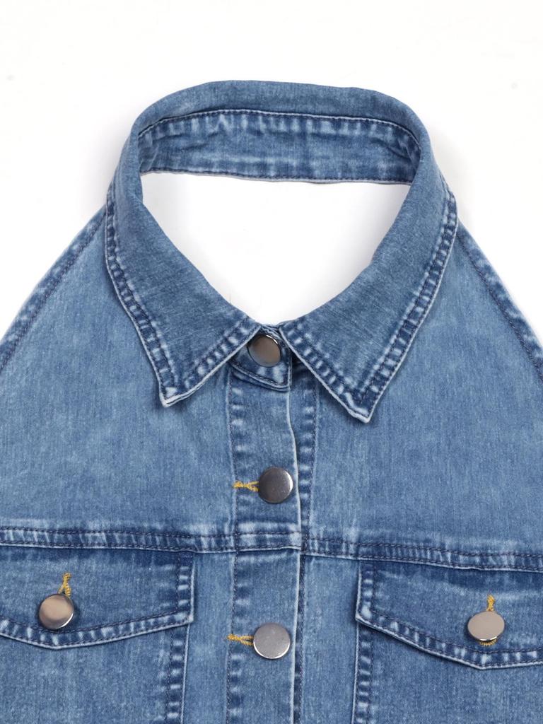 Women's Sleeveless A-Line Denim Dress with Lapel and Waist-Cinched Design