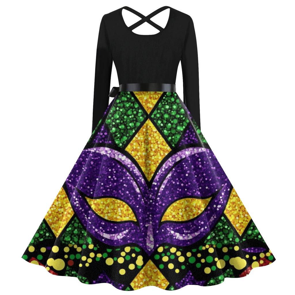 Women's Casual Print O-neck Pullover High Waist Long Sleeve Dress