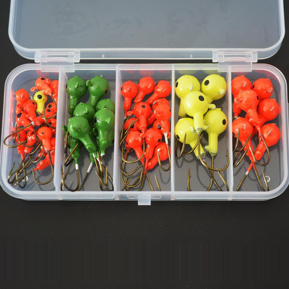 45PCS Painted Fishing Jig Hooks Glow Jig Head Hooks With Tackle Box For Outdoor Freshwater Saltwater Trout Bass Walleye Fishing