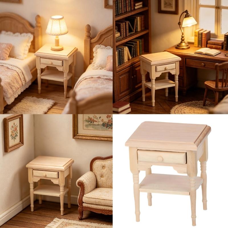 1:12 Scale Bedside Table For Doll House Bedroom Display Unfinished Miniature Wood Doll House Nightstand for Painting