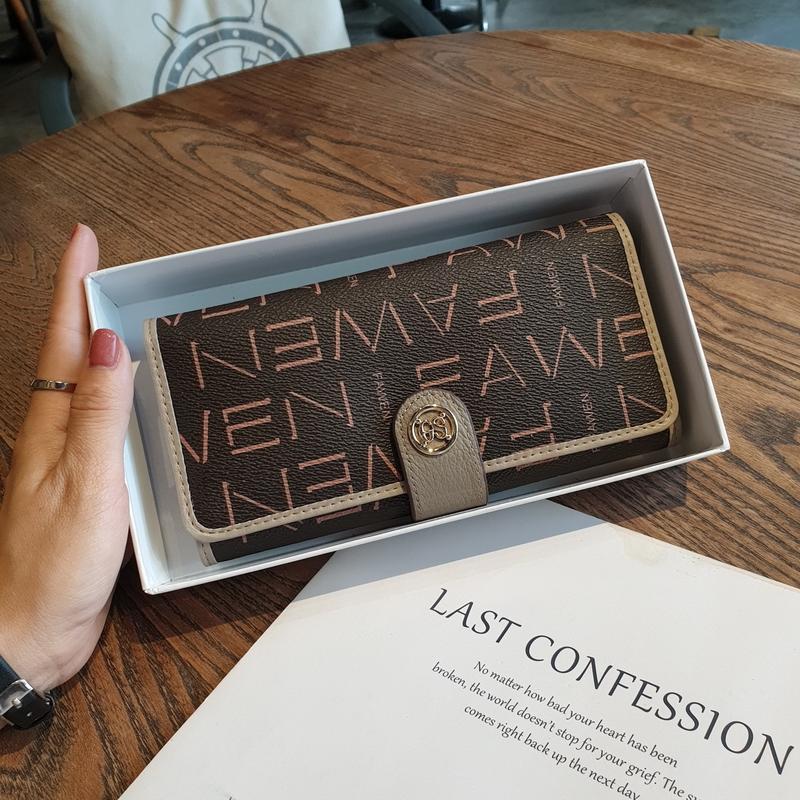 

2025 Женские кошельки из натуральной кожи с логотипом, двухцветный длинный кошелек из коровьей кожи с буквенным принтом, женский клатч, кошелек двойного сложения кофейный/серый