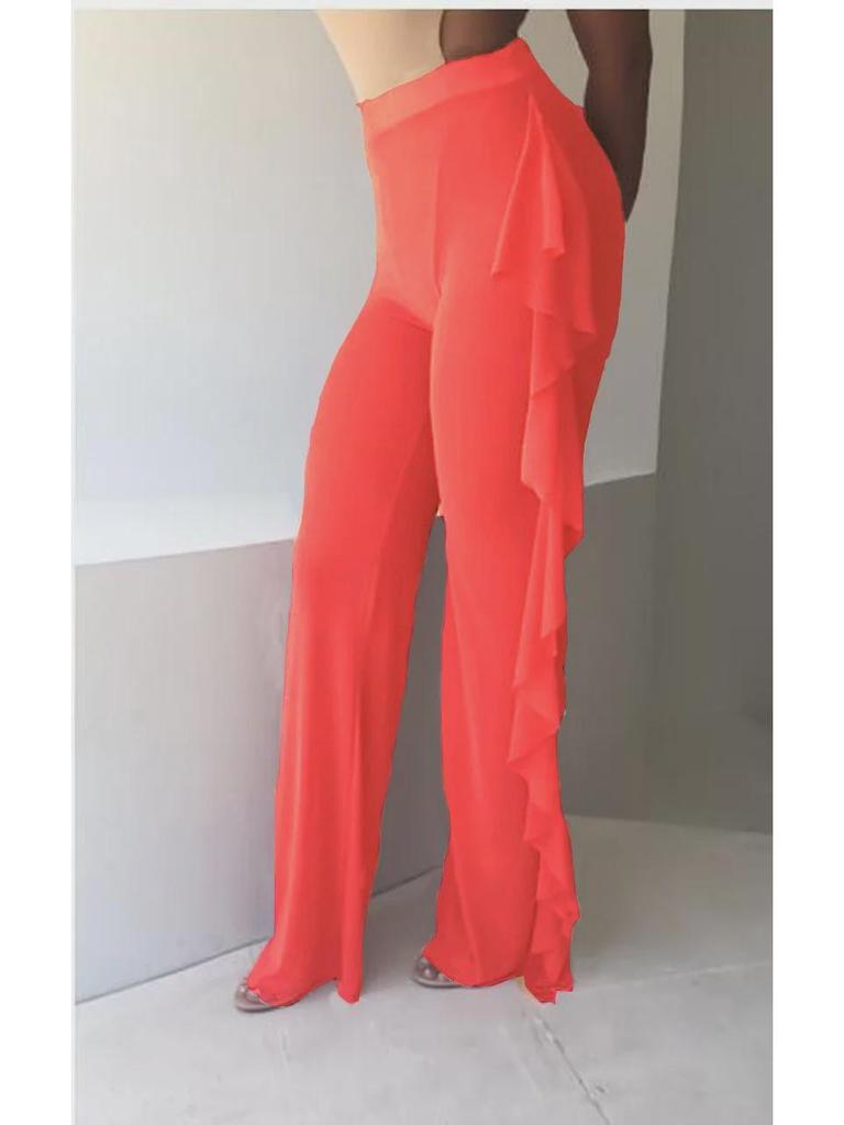 Pantalones Europeos y Americanos de Estilo Caliente de Malla con Volantes Semitransparentes de Pierna Ancha