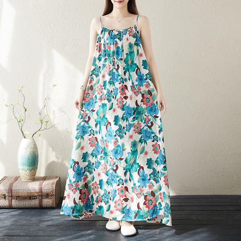 Sleeveless Strap Plus Size Cotton Vintage Floral New In Dresses For Women Casual Loose Long Summer Dress