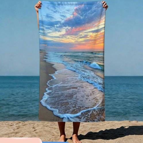 Ocean Waves Striped Collage Watercolor Hand-Painted Style Beach Towel Quick Dry Sand Proof Towel Lightweight Summer Bath Towel