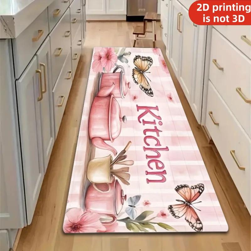 Pink Kitchen Teapot & Butterfly 100% Polyester Kitchen Mat, Non-Slip Soft Plush Floor Mat, Sweet Floral Decorative Mat for Ki