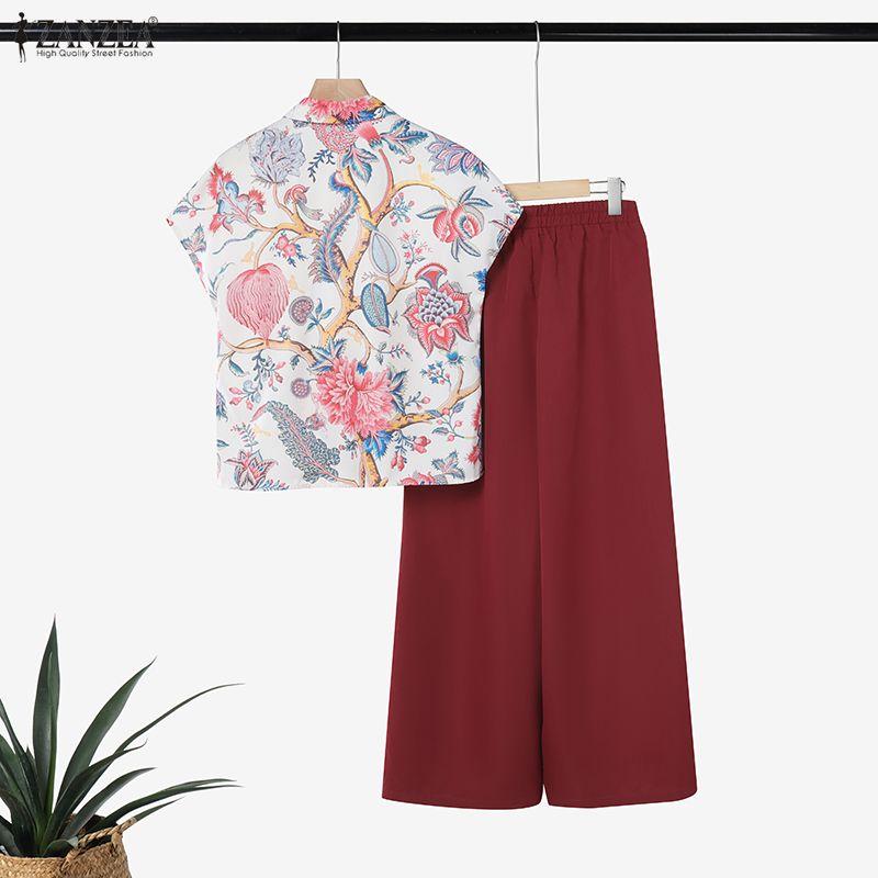 ZANZEA Women Short Sleeve Print Blouse and Long Pants Casual Two Piece Suit Sets