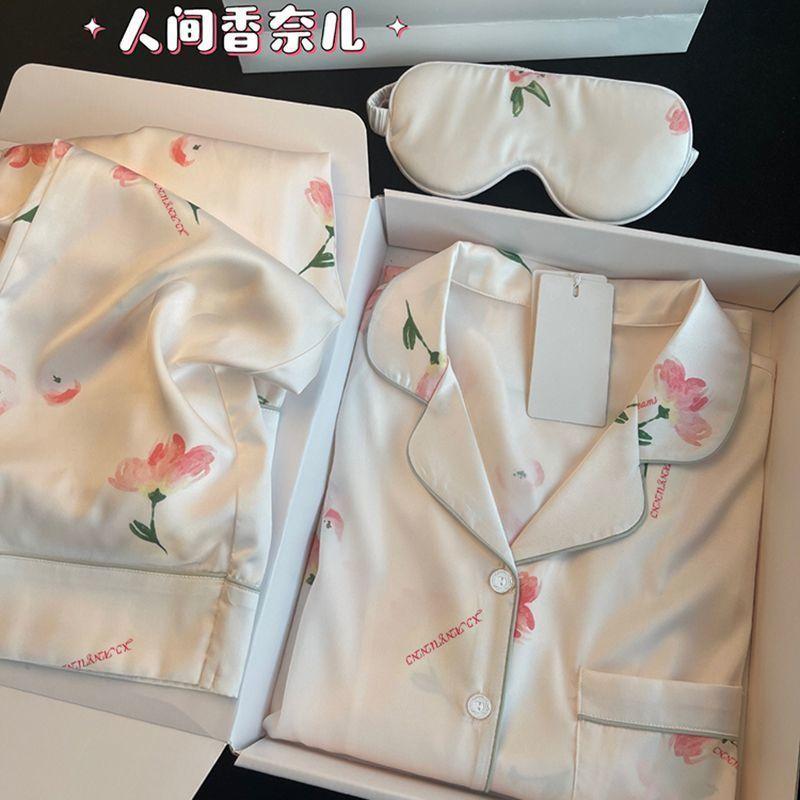 Silk Pajamas Women's Long Sleeve Tops Long Pants Silk Pajamas Two-piece Set Home Clothes Printed Korean Kawaii Clothes Pajamas