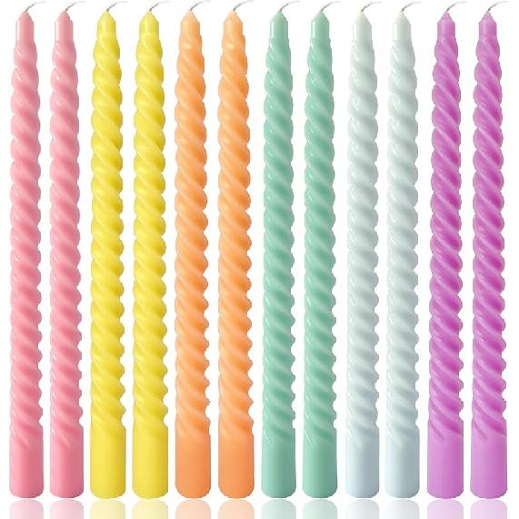 10 Inch Cream Spiral Taper Candles for Home Decoration, 12 Pack Candy-Color Candlesticks for Dinner Party Wedding Holiday