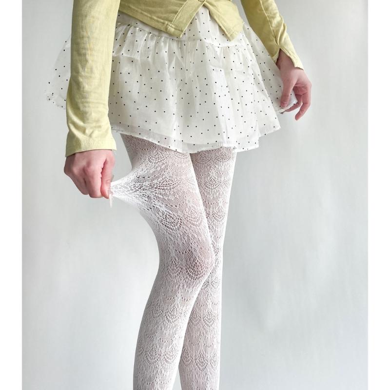 Women Elegant Hollowed Out Lace Solid Pantyhose Stockings Japanese Style Vintage Flower Jacquard Mesh Tights Leggings