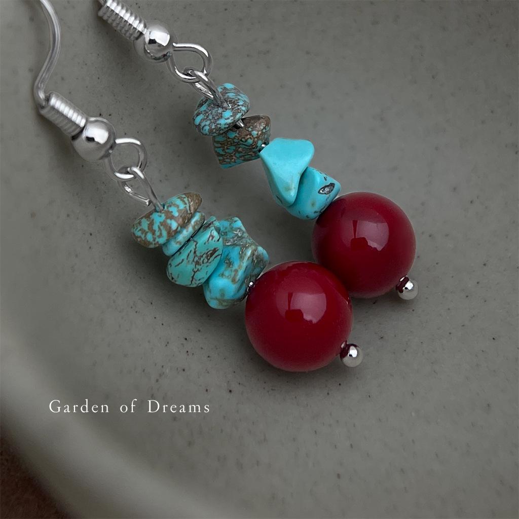 Chinese-Style Artistic Irregular Turquoise Tassel Earrings - Ethnic Ear Hooks for Women