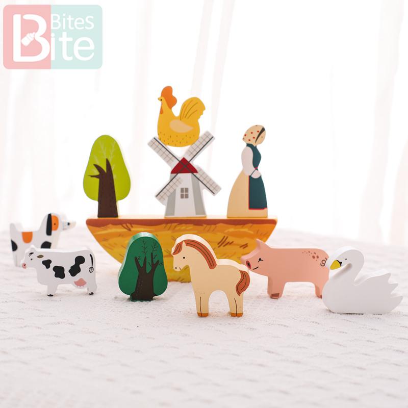 Baby Farm Stacking Wooden Block Toys Animal Cow Educational Toys Baby Balance Building Blocks Creative Toys Wooden Stacking Toy