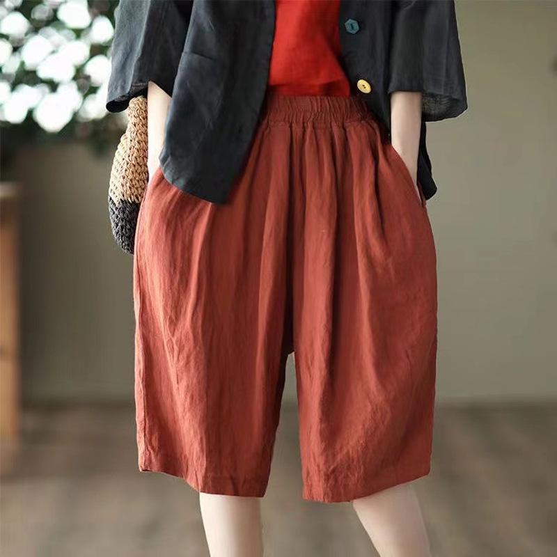 Pantalones cortos de lino y algodón de cintura alta para mujer - Verano Casual Color sólido Pierna ancha Pantalones de cinco puntos