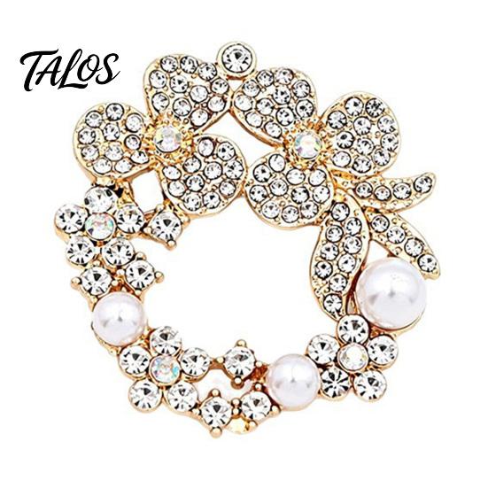 Retro Jewelry Pin Vintage Rhinestone Wreath Brooch, Flower Garland Lapel with Faux Casual Wear Brooch Pearls, Women Clothing Accessory for Dress Coats