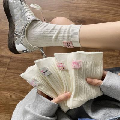 White Socks for Girls, Pile Socks for Spring, Versatile, Followed By Cloth Label Trendy School Windbreaker Socks for Girls