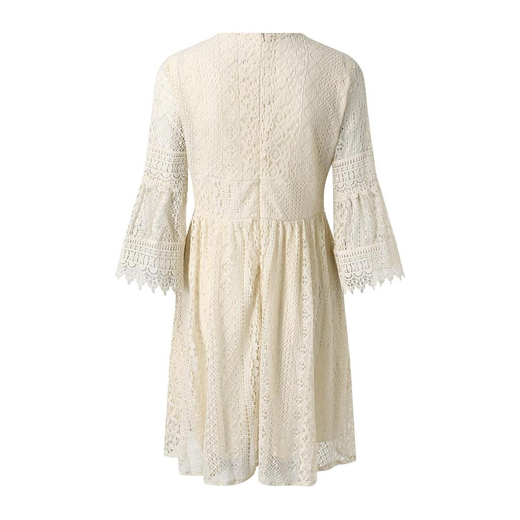 Abito Casual da Donna in Pizzo Ampio Scollo a V Pizzo Vuoto Manica Svasata Abiti Taglia Plus Abito Bianco Femminile Vintage Casual Abiti da Spiaggia