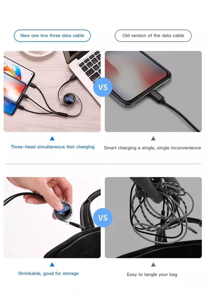 New 2026 Car Sticker Ford New 2025 Hot 3 In 1 Micro USB Type C Charging Cable Multi Charger For Ford ST Line Focus Mustang Fiest