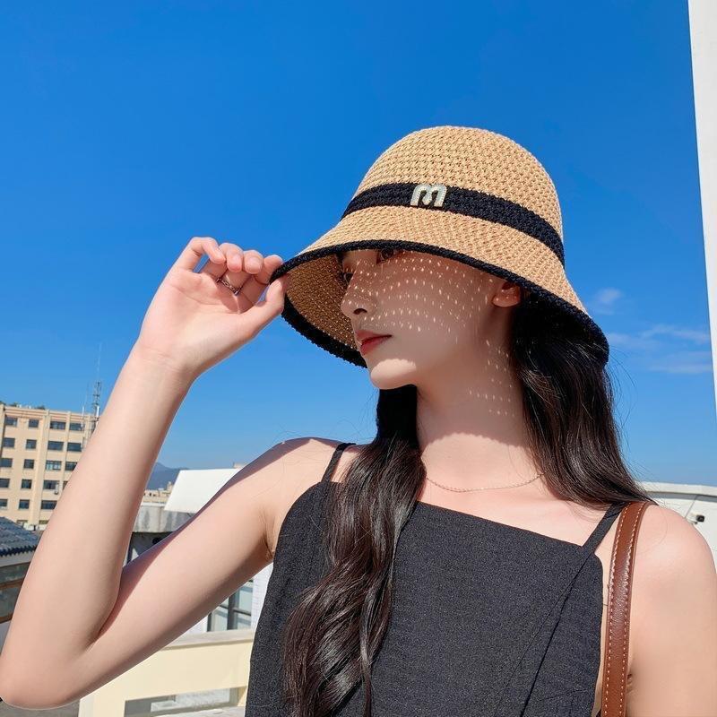 Big brim straw hat women's summer bucket hat breathable lace hollowed seaside beach French sunshade sun hat