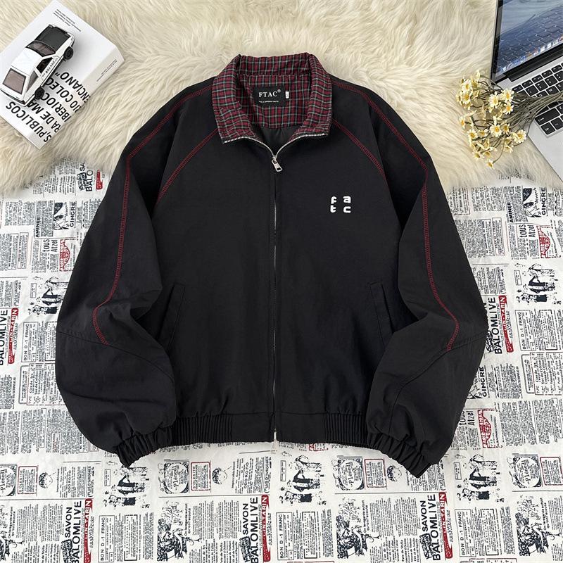 Men s Autumn 2025 Loose Plaid Color Block Sports Jacket with Letter Embroidery Large