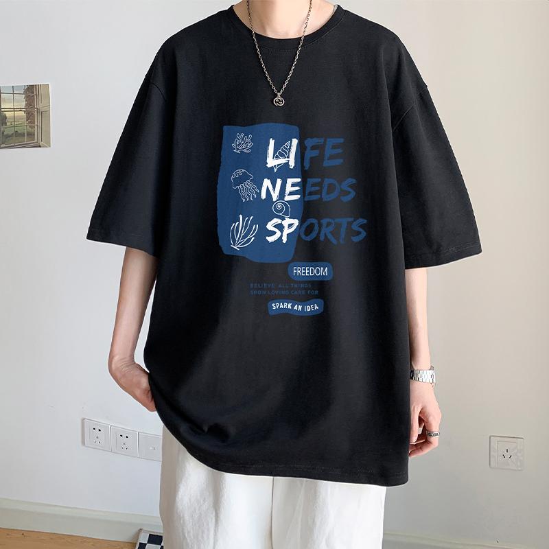 100% Cotton Printed Short Sleeve T-shirt Men's Half-sleeved Men's Fashion Brand Ins American Loose Body Shirt Men's Top