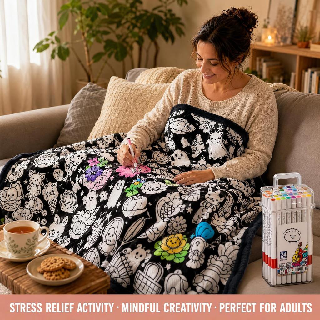 DIY Coloring Blanket 50 x 60 Inch with 24 Washable Markers Soft Cotton Blend Reusable Fabric Throw for Adults Creative Stress Relief Gift
