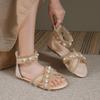 Pearl Flat Sandals for Women 2024 New Back Zipper Cross Casual Outwear Fish Mouth Sandals