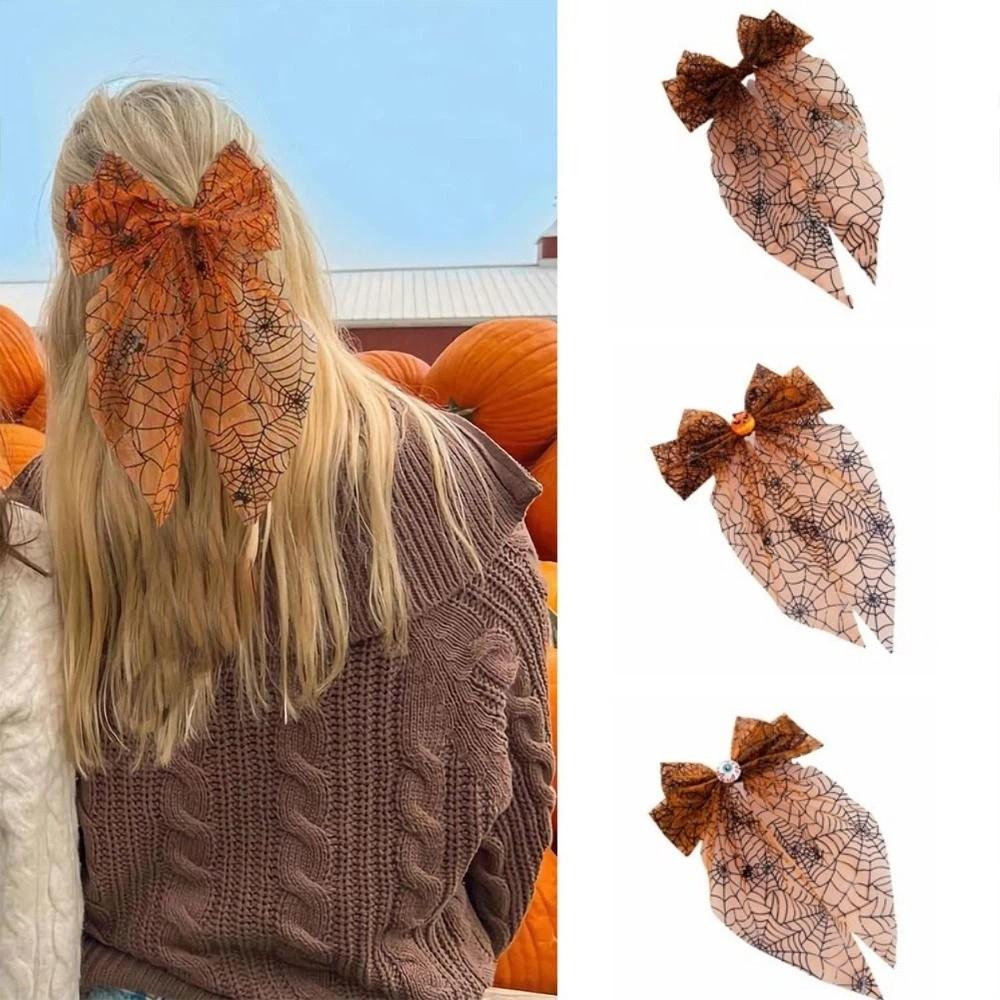 Orange Hair Accessories Dark Style Spider Web Hair Bows Halloween Hair Clip Dance Event