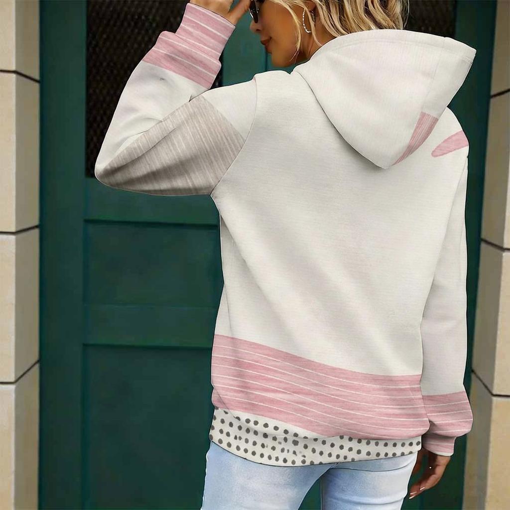 Women Plus Size Beige Pink Printed Long Sleeve Drawstring Hoodie Kangaroo Pocket Sweatshirt