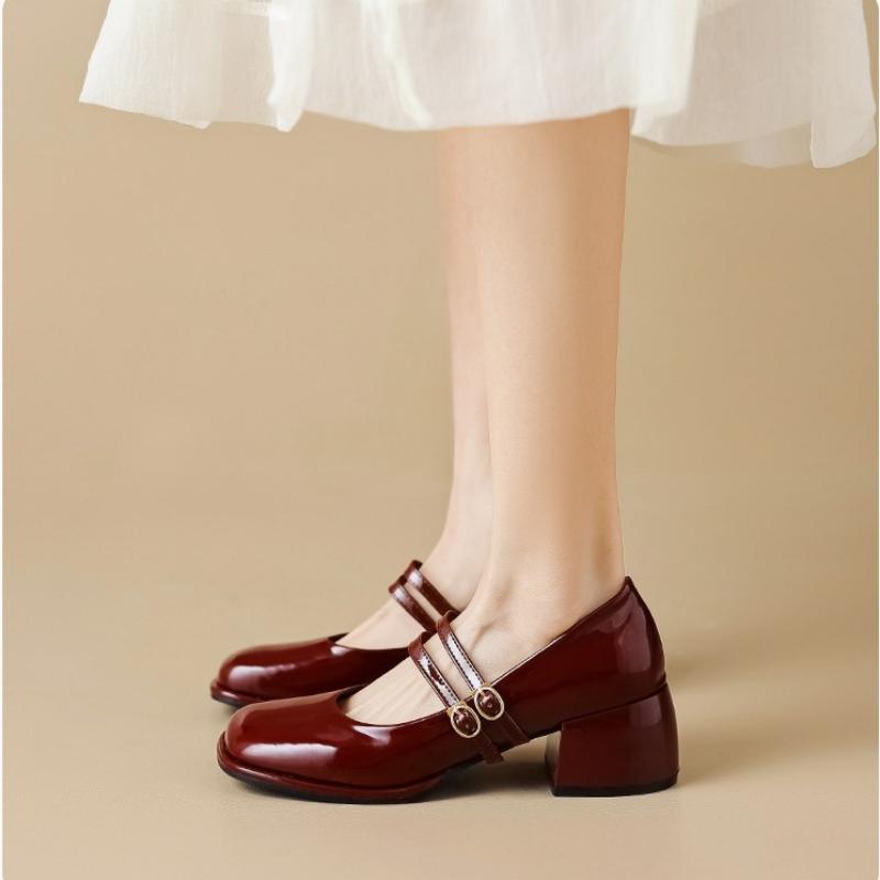 

Весна и осень, новые женские кожаные туфли в стиле ретро с коротким носком, на толстом каблуке и ремешком на щиколотке 34 красный