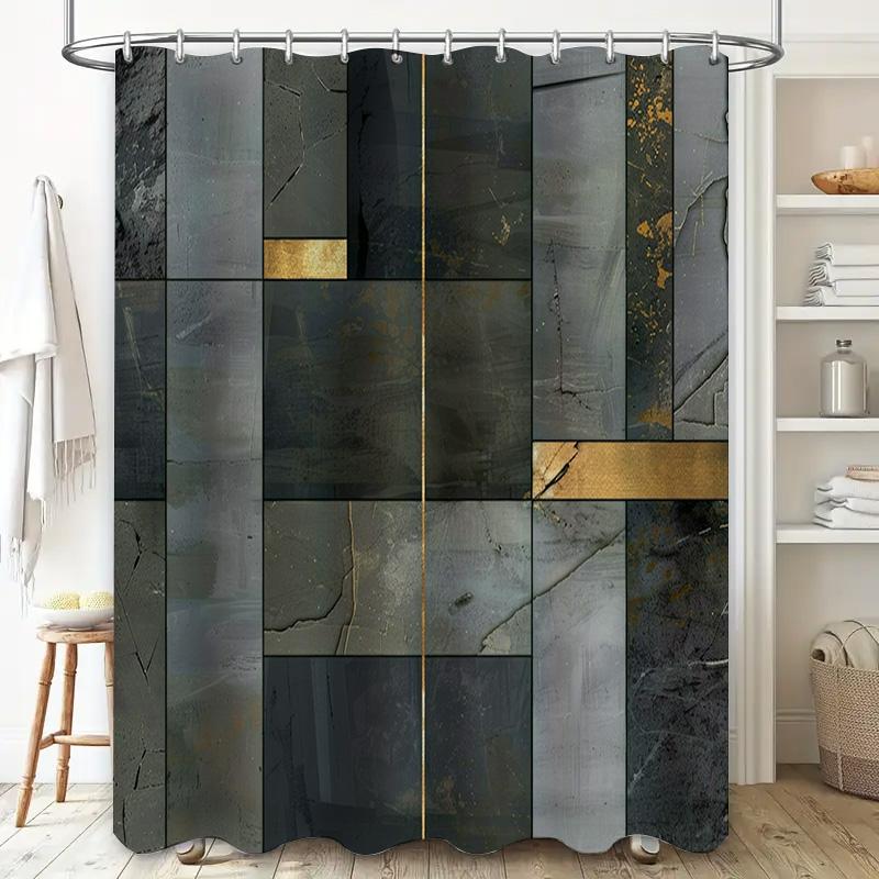 Luxury Marble Effect Shower Curtain Waterproof Bathroom Decor Gold Accents Large Size 72 X 84 Inches Gray Black White Modern Des
