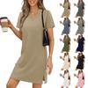 Women’s V Neck Short Sleeve Casual T Shirt Dress Loose Fit Basic Summer Mini Dress with Side Slit for Daily Wear