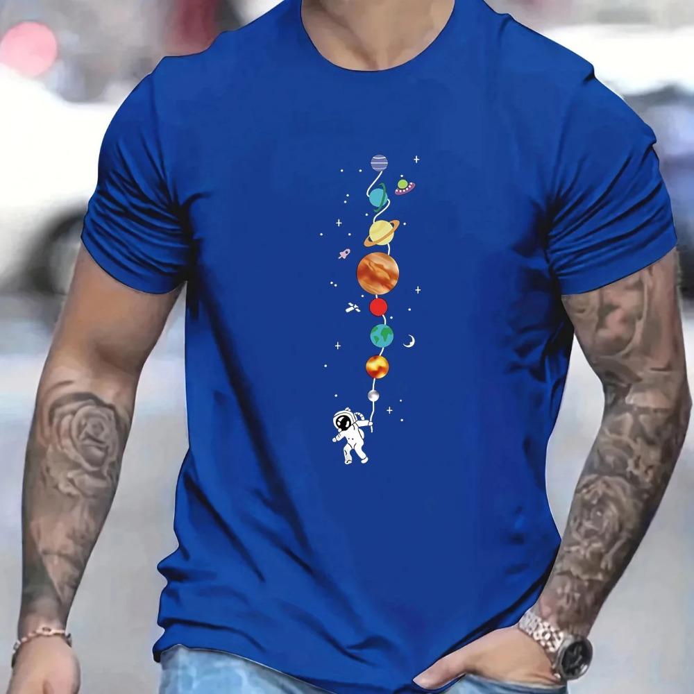 T-shirt Homme 100% Coton Pur Été Coupe Ample Imprimé Motif Planète Astronaute Décontracté Confortable Col Rond Manches Courtes Haut