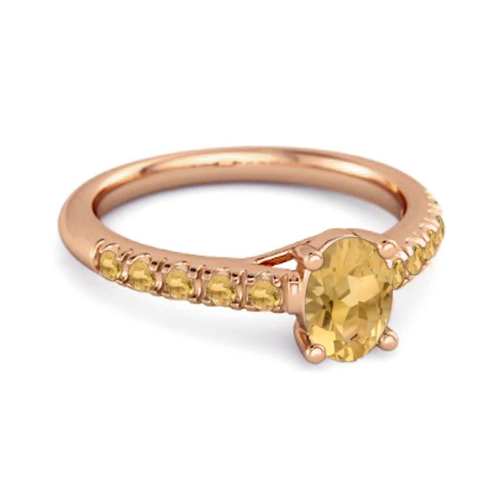 Citrine Solitaire Accented Band Design Ring - 925 Sterling Silver Rose Gold Vermeil