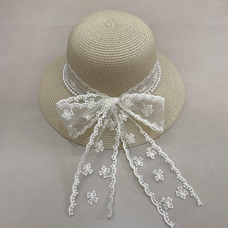 

Delle Sweet Pearl Lace Bow Straw Hat Women S Seaside Beach Hat French Straw Top Hat Sunscreen M（56-58cm） бежевий