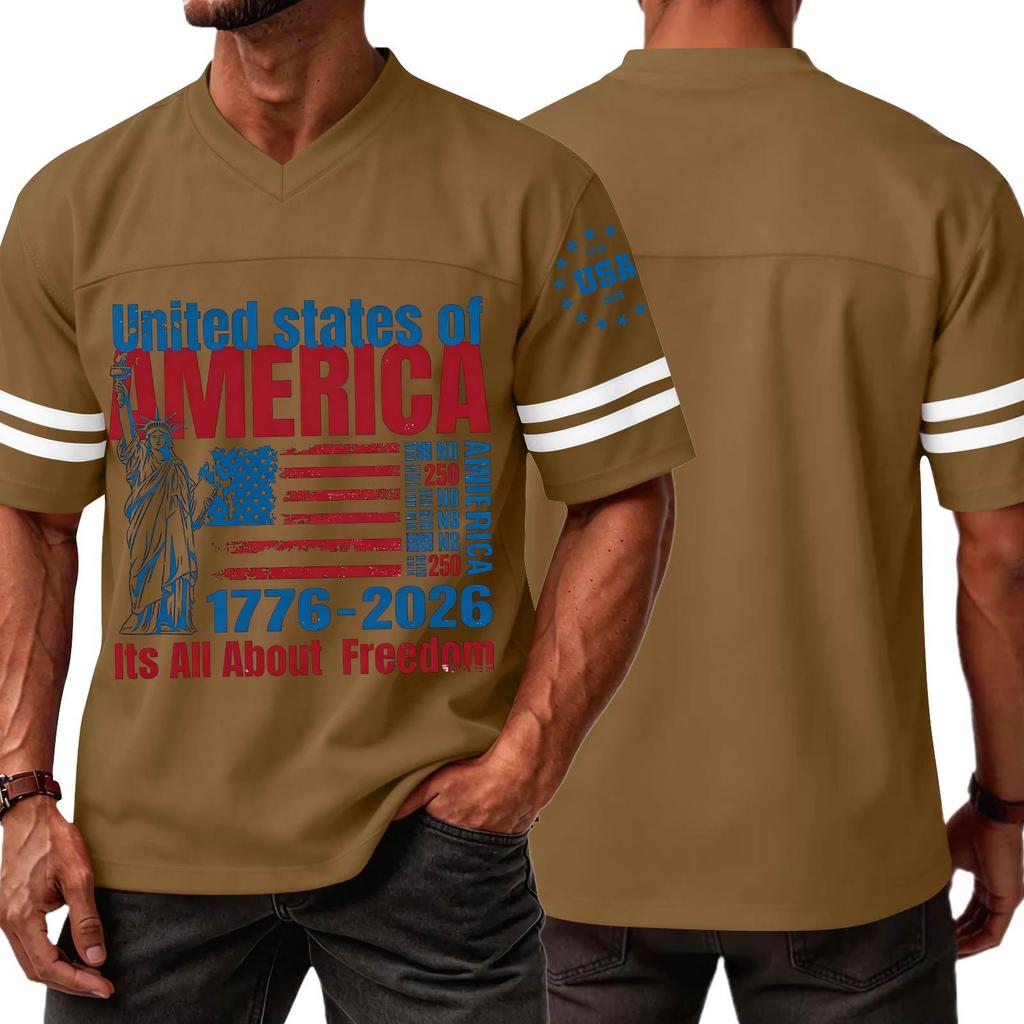 Mens V Neck Short Sleeve Sports T Shirt with States of America 1776 2026 Graphic and Statue of Print
