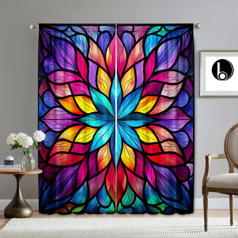 2PC Home Decoration Curtains, Geometric Leaf Flower With Rod Pocket Curtains, Kitchen, Coffee Shop, Living Room, Balcony, Garden