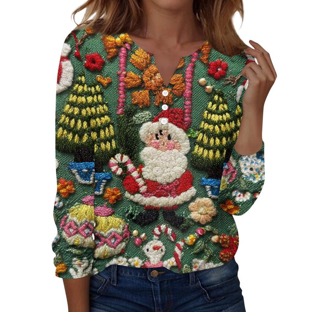 Women's Fashion Casual V-Neck Long Sleeve Decorative Button Christmas Print Top