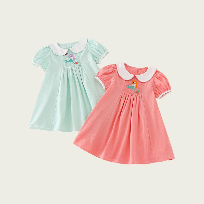 Mermaid Embroidered Doll Collar Short Sleeve Girls' Dress - Summer 2026
