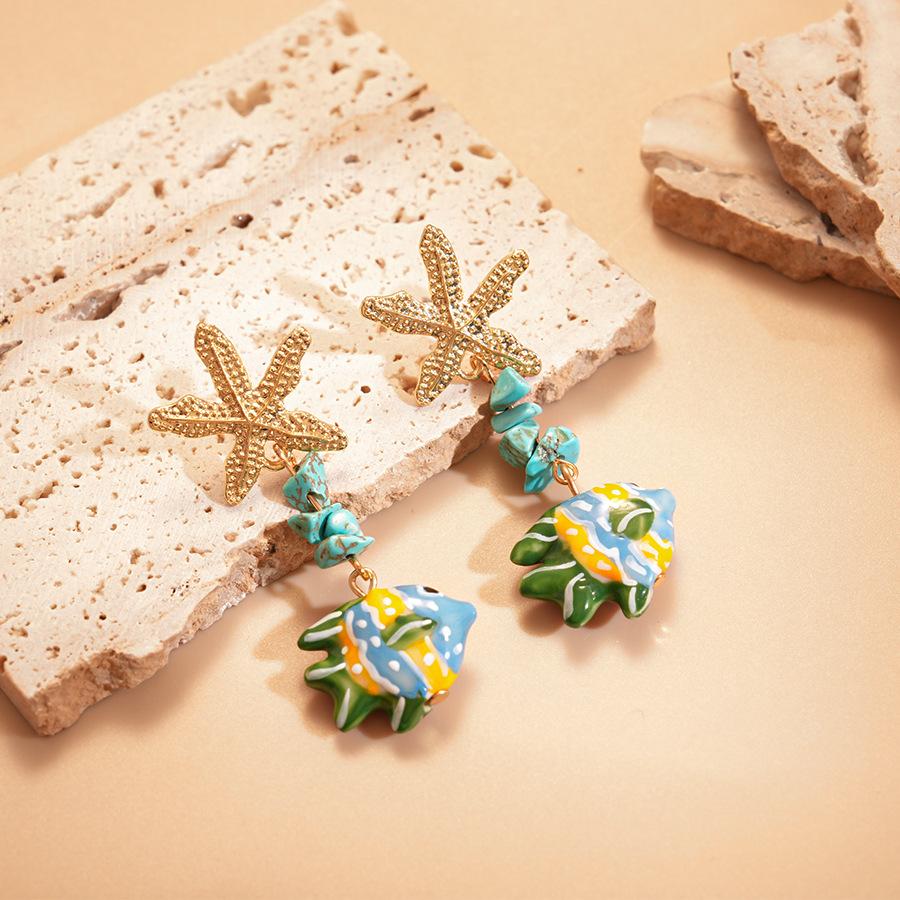 Colorful Ceramic Fish Drop Earrings for Women Starfish Stone Beaded Cartoon Beach Style Summer Jewelry Accessories