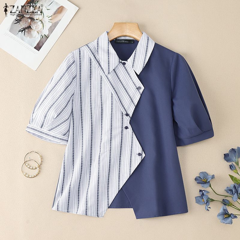 ZANZEA Women Casual Turn Down Collar Summer Short Sleeve Stripe Blouse