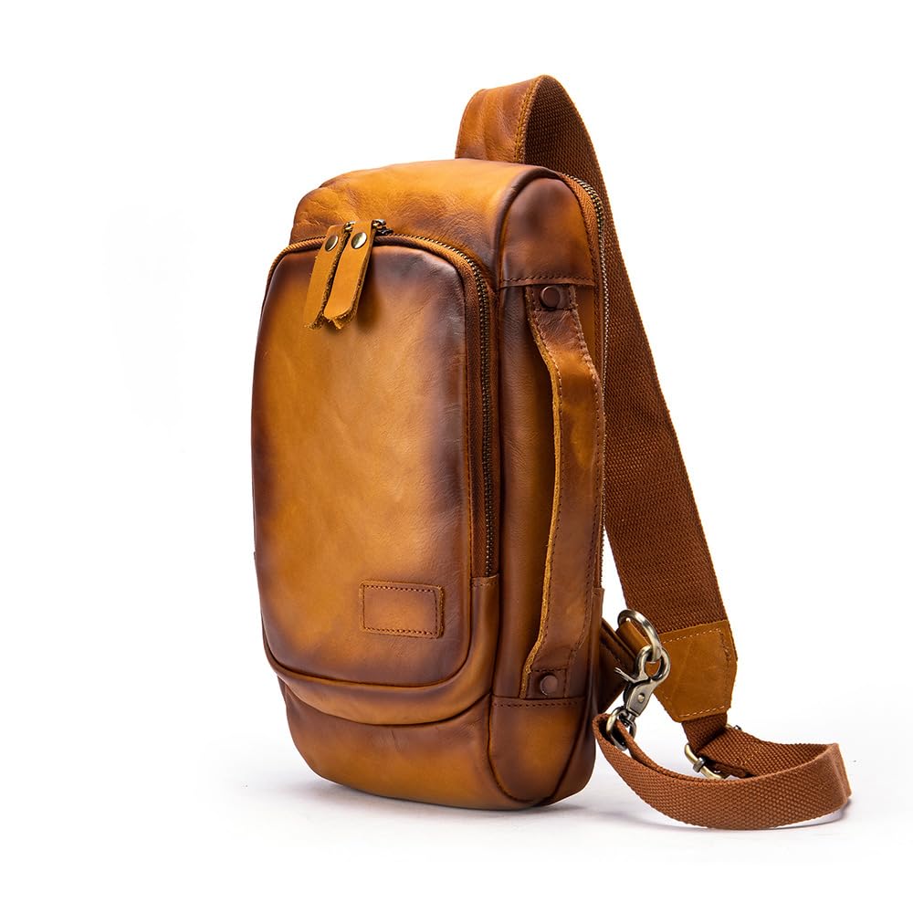 

Whatna Antique-Style Tanned Natural Cowhide Leather One-Shoulder Bag for Men, Crossbody Bag, Chest Bag, Clutch Bag, Handbag, Horizontal Style, Small