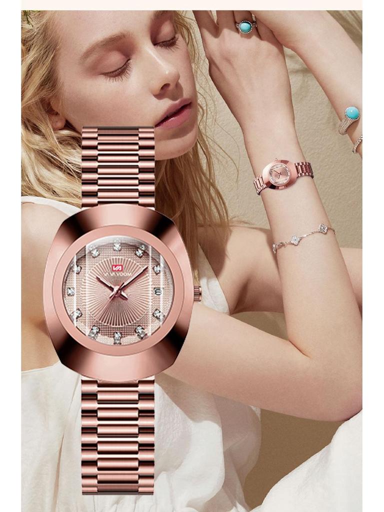 Gold Diamond-Set Waterproof Quartz Couple Watch with Steel Band