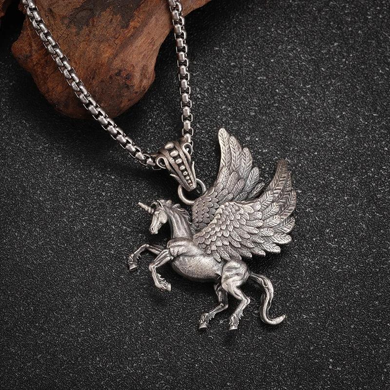 Greek Mythical Pegasus Unicorn Pendant Necklace, Titanium Steel Double winged Pegasus Chain, Suitable for Men and Women's Daily Party Gifts