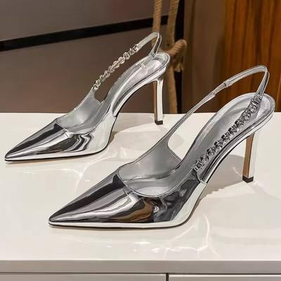 Zapatos de tacón alto brillantes con tiras cruzadas para mujer, sandalias con cristales metalizados, zapatos de tacón de aguja con punta puntiaguda, zapatos de fiesta plateados para mujer