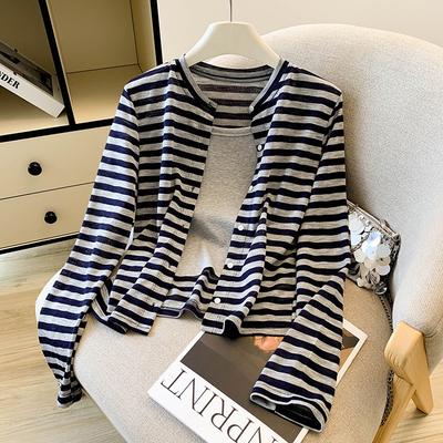 Striped Crew Neck Knitted Cardigan Women's Early Autumn Stacked Wear Suspenders Two-piece Top