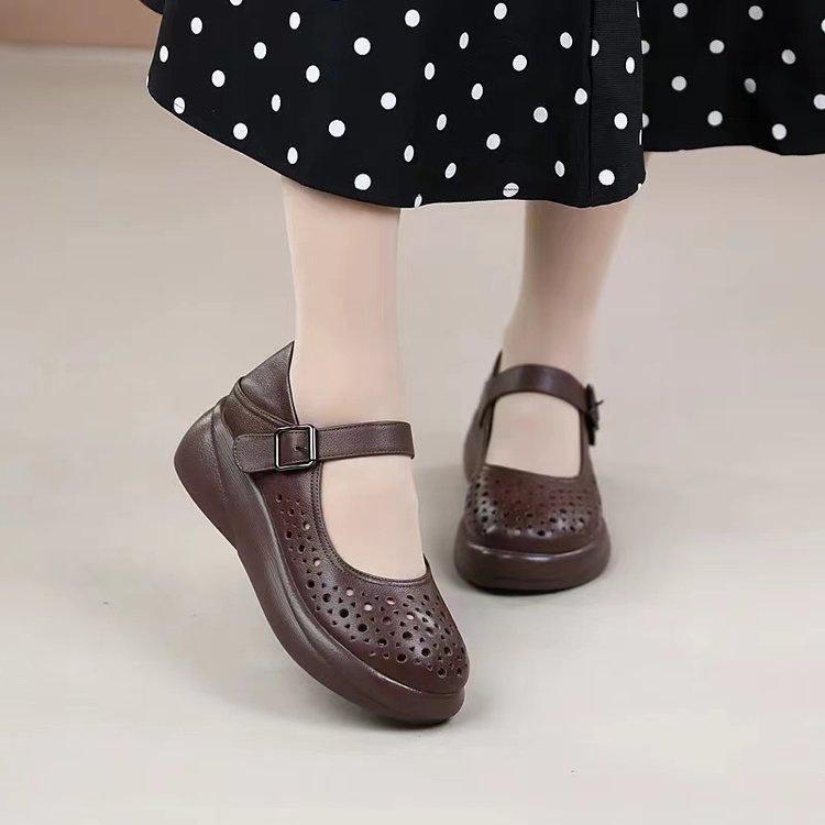 Women's shoes soft leather round head hollow explosion 2025 summer soft sole mesh mother shoes light and comfortable platform sandals women