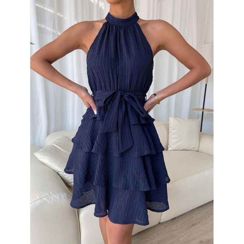 

Cross-Border Foreign Trade European and American Women s Clothing Amazon 2024 Summer Shoelace Halter Patchwork Sleeveless Ruffles Dress Blue S