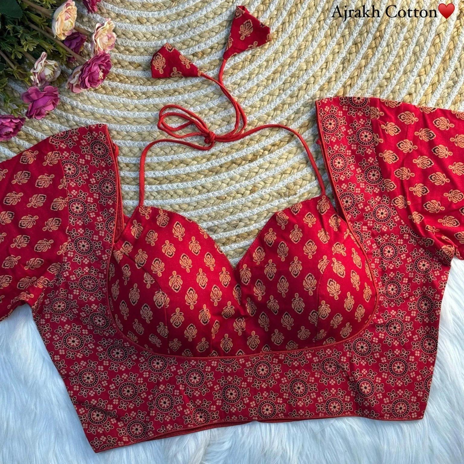 Red Ajrakh Printed Women s Blouse Beautiful Wedding Party Wear Designer Choli